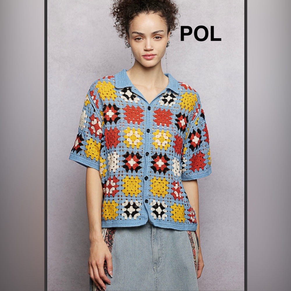 BP225-9💙❤️POL lpretty Multicolor Crochet Button-Down Top-handmade granny square